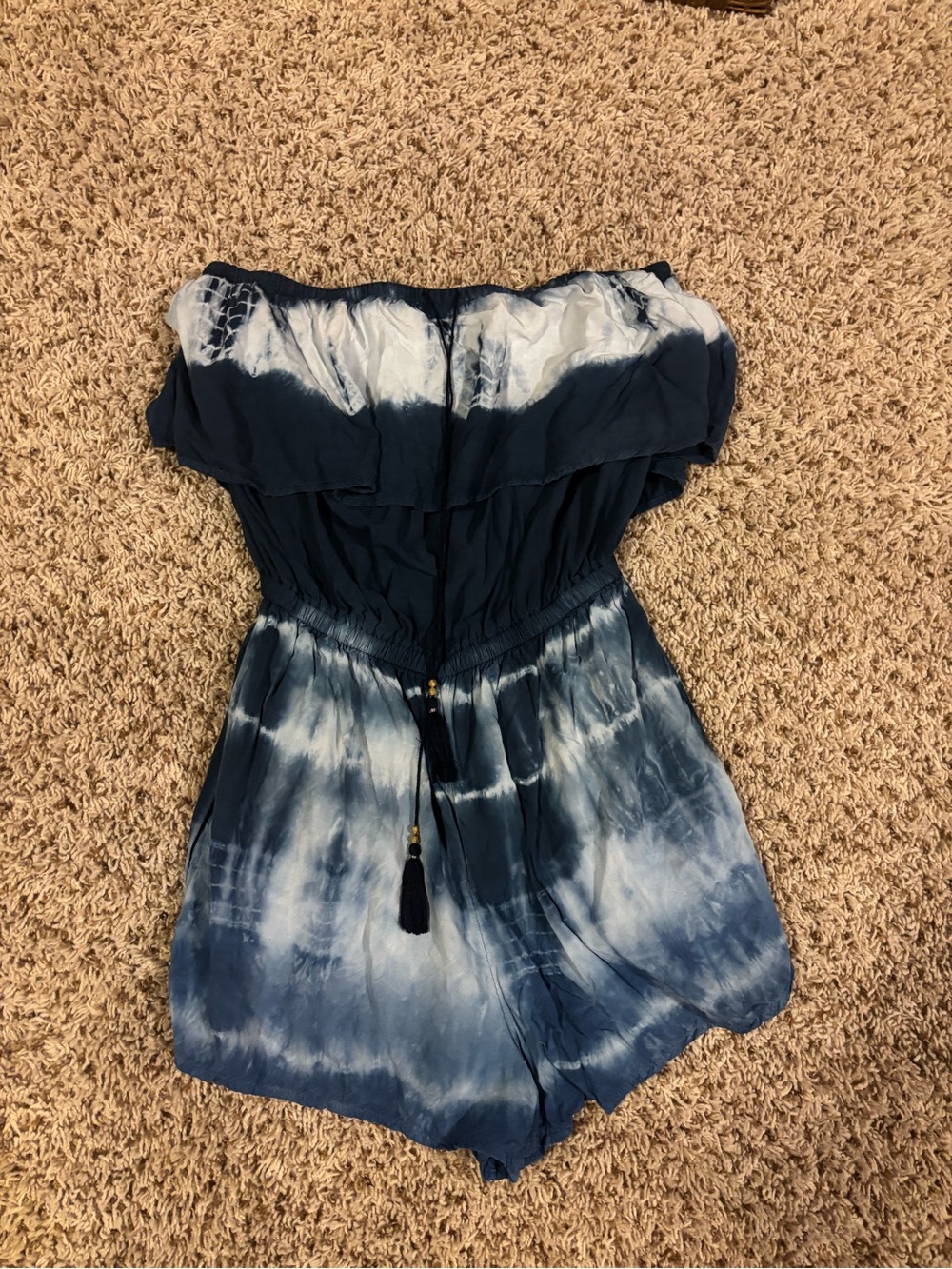 American Eagle Outfitters XS Navy and White Tie-Dye Off-Shoulder Romper